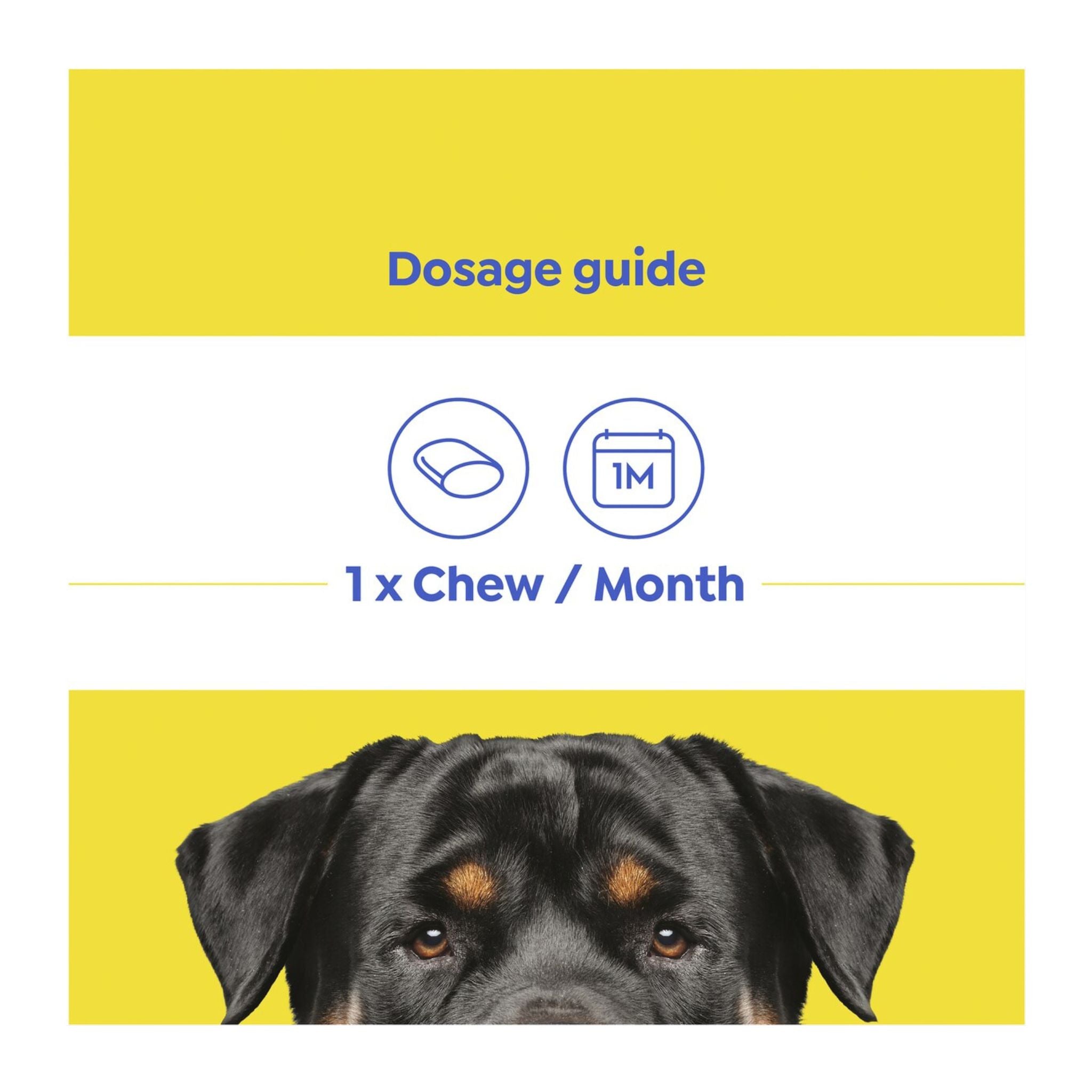 Dosage guide for a pet product with a black dog's face on a yellow background