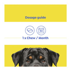 Dosage guide for a pet product with a black dog's face on a yellow background