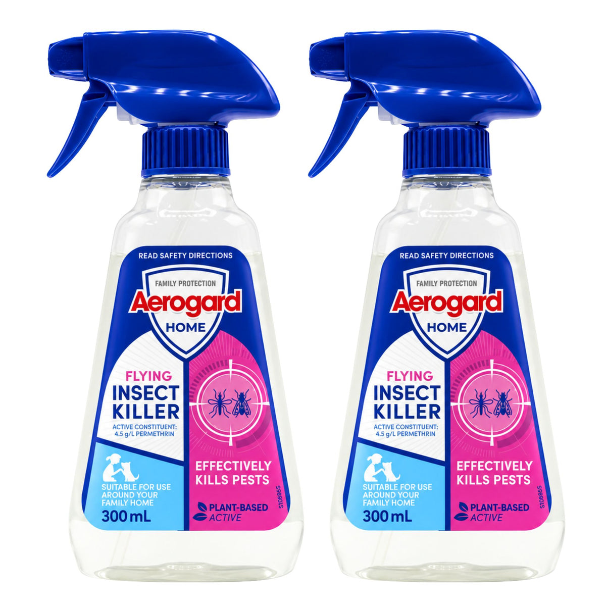 Two clear spray bottles of Aerogard Home Flying Insect Killer with blue triggers and blue/pink labels, shown on a plain white background.