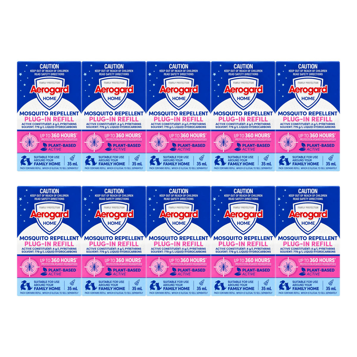 Ten packages of Aerogard Home mosquito repellent plug-in refill tablets arranged in a 2x4 grid on a plain white background. Each package is blue and pink with white text and the Aerogard Home logo.