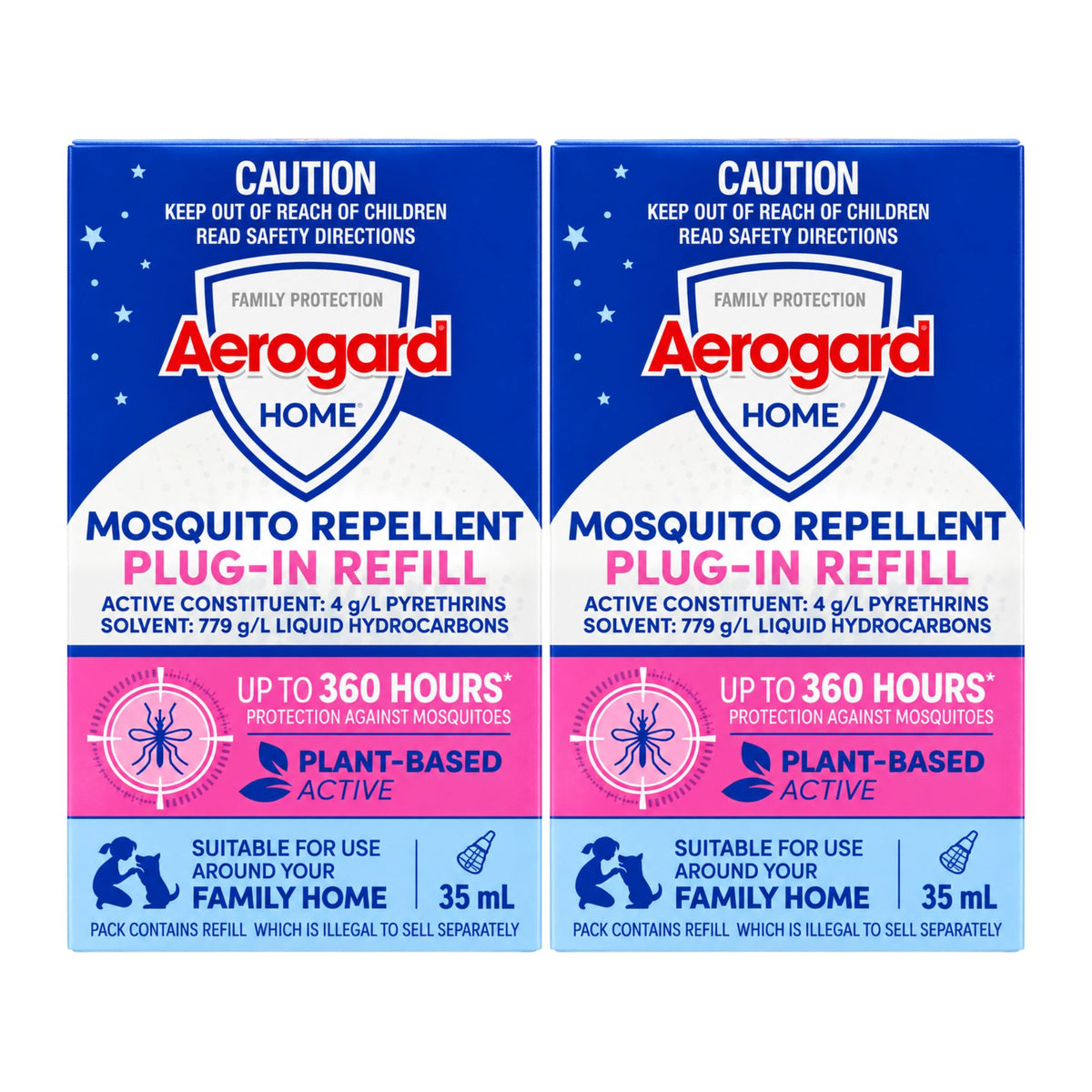 Two Aerogard Home mosquito repellent plug-in refill boxes shown side by side on a plain white background. The packaging is predominantly blue and white with a pink band and red brand text.