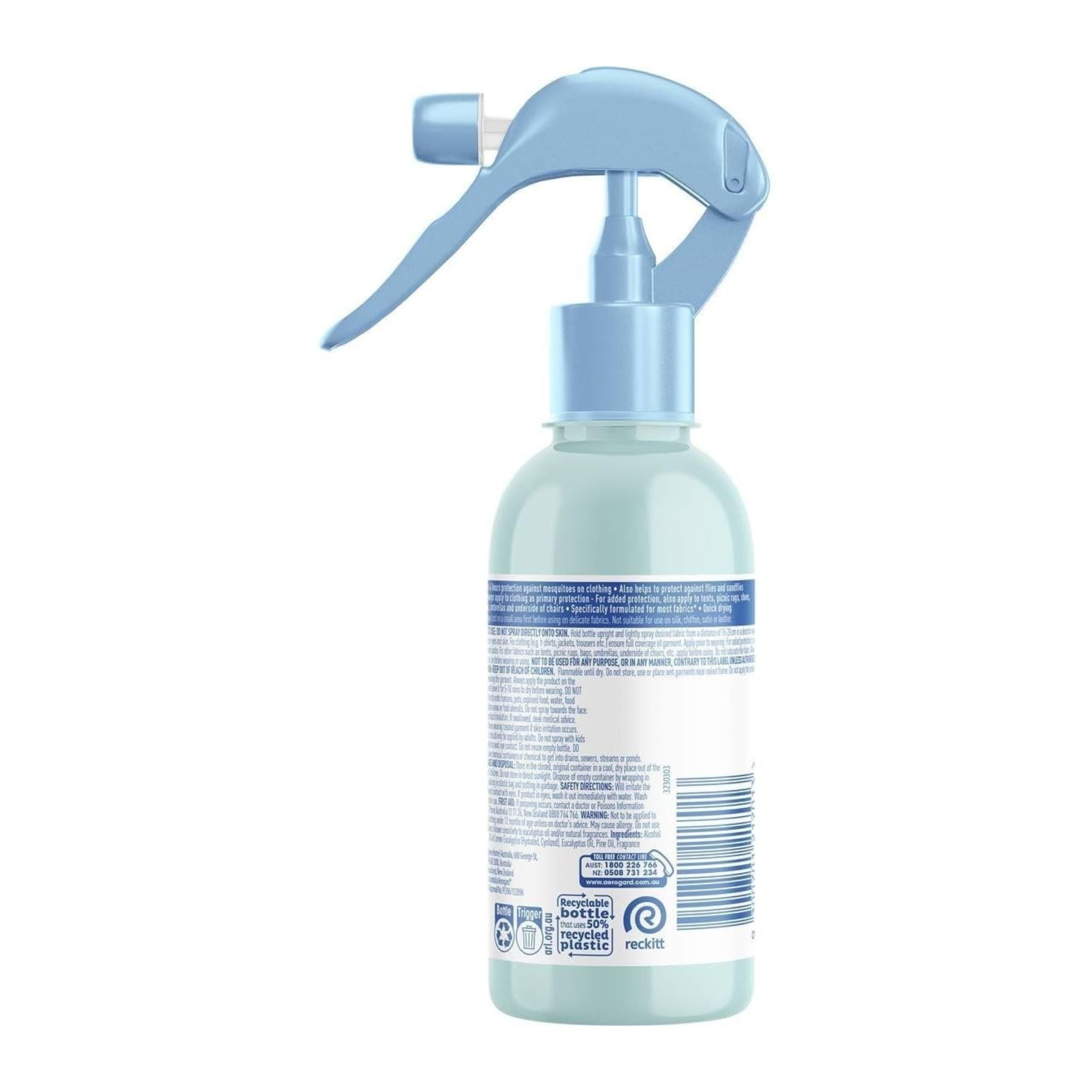 Light blue spray bottle with a white label on a white background