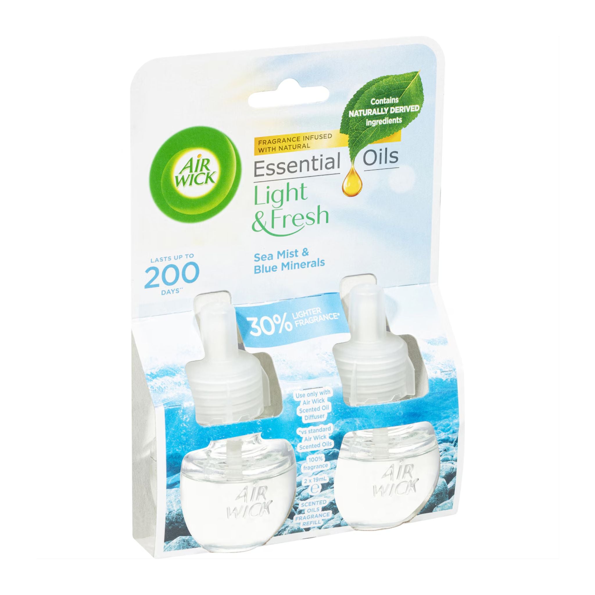 Air Wick Essential Oils Light & Fresh packaging with four refills on a white background