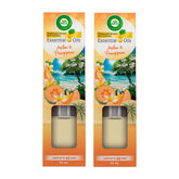 Two packages of Air Wick Essential Oils with Melon & Frangipani fragrance on an orange background.