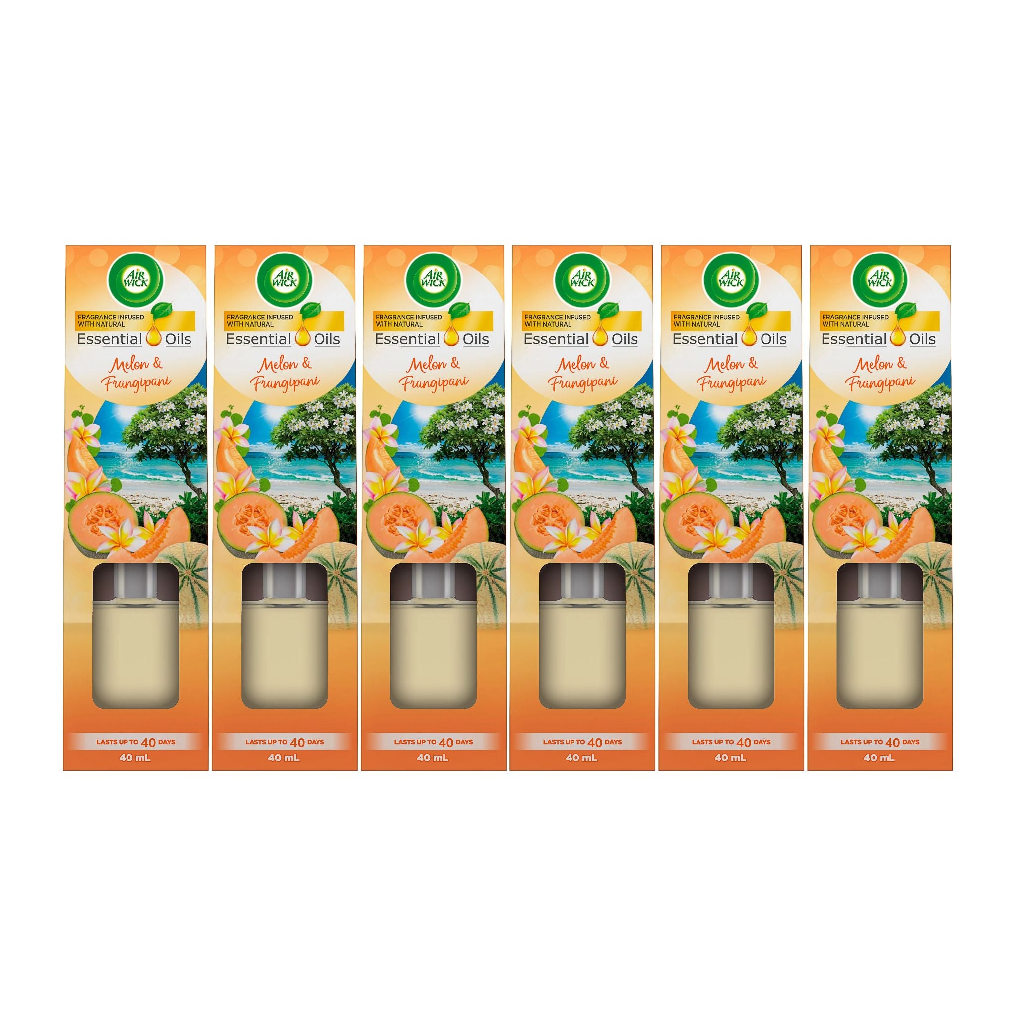 Pack of Air Wick essential oils with apricot and frangipani design on a white background