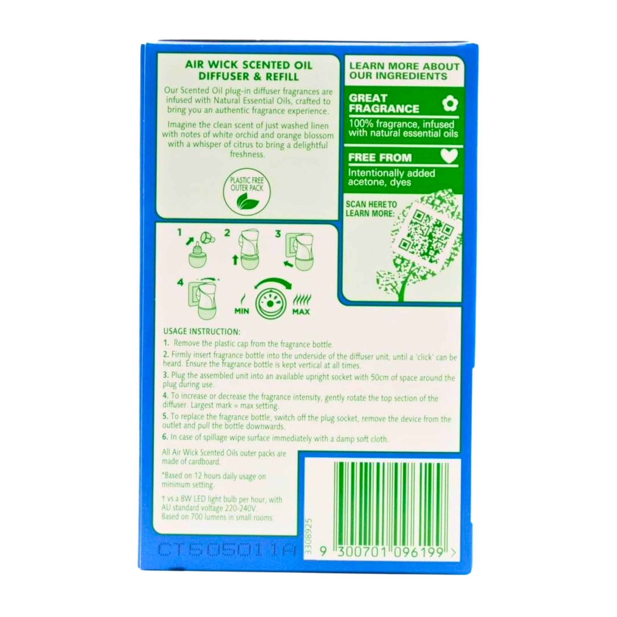 Back of an Air Wick scented oil diffuser refill packaging with text and icons.