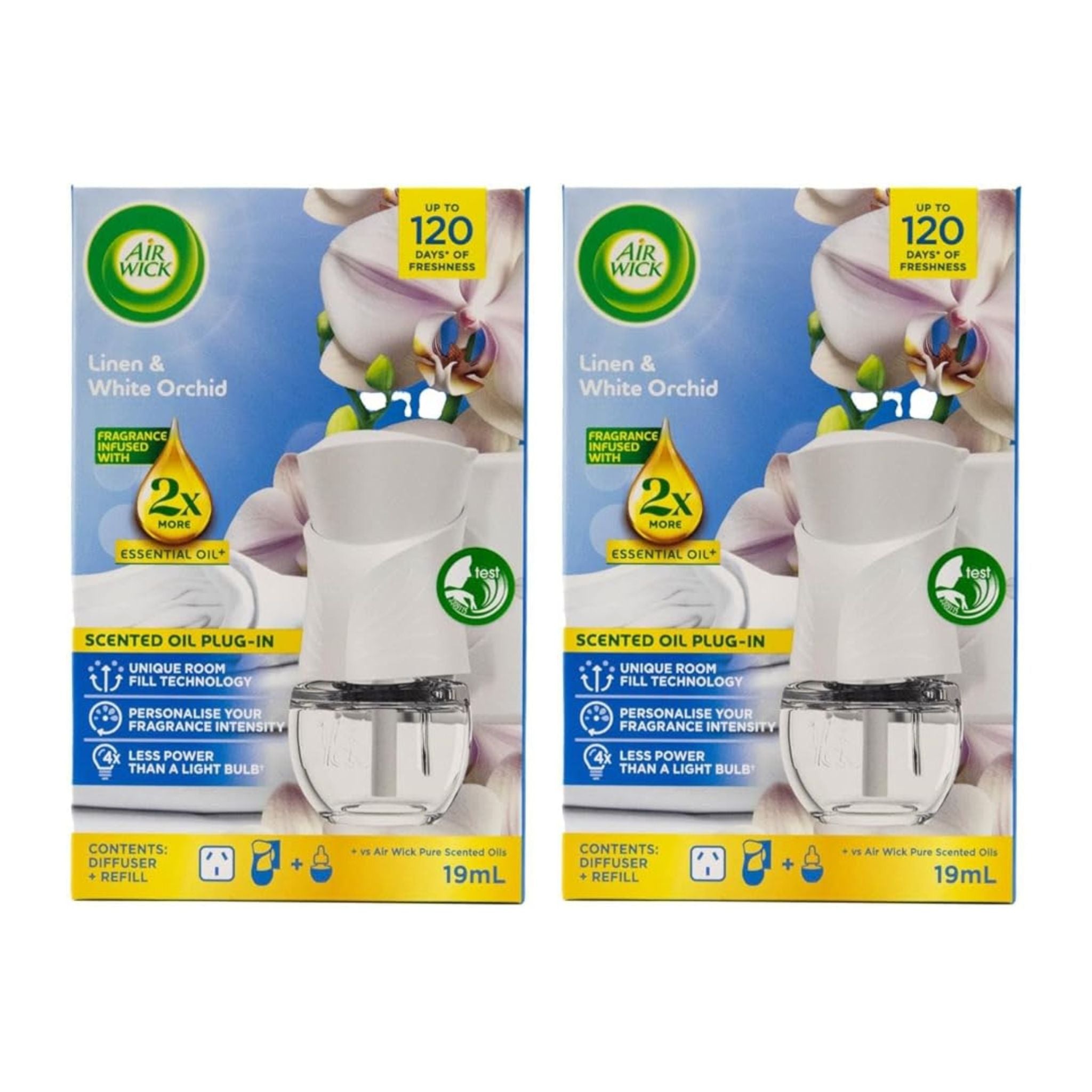 Two packages of Air Wick scented oil plug-in diffusers with Linen & White Orchid fragrance on a white background.