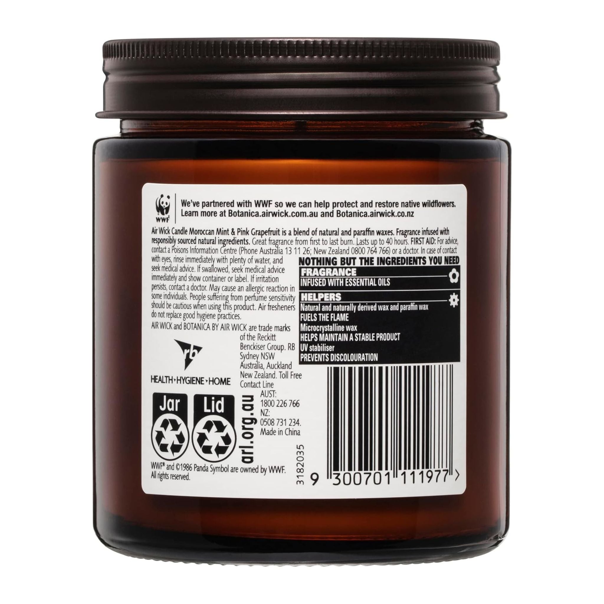 Back label of a brown jar with text and symbols on a white background