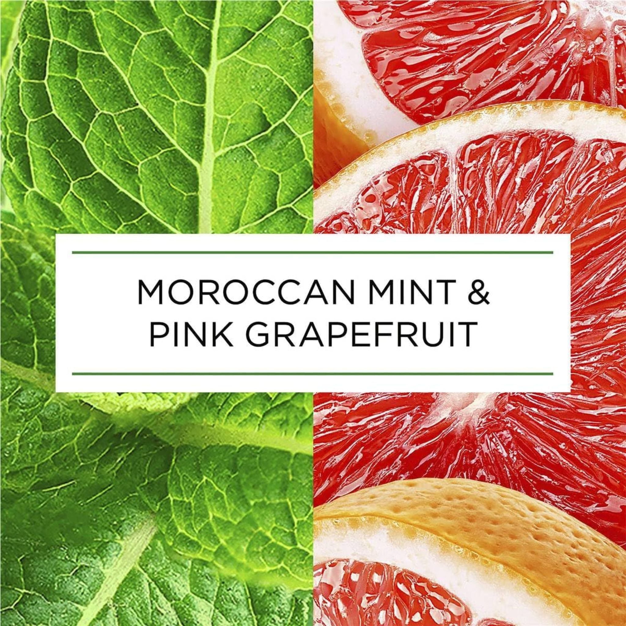 Close-up of Moroccan mint leaves and pink grapefruit segments with text overlay.