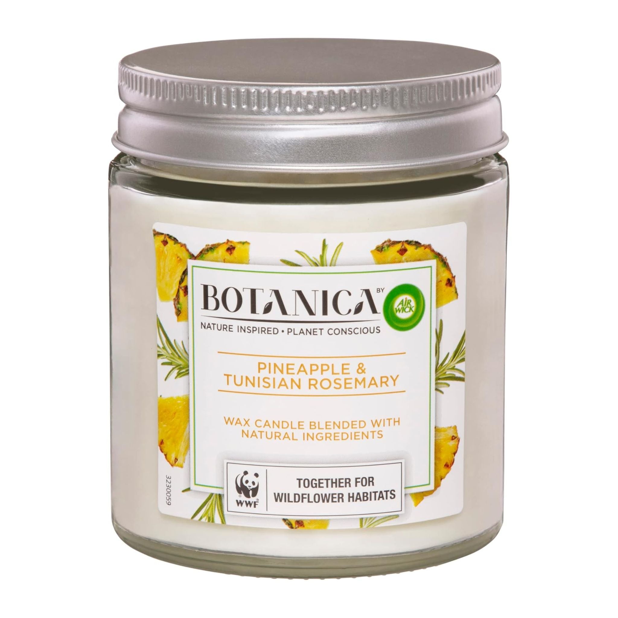 Candle jar with Botanica label featuring pineapple and Tunisian rosemary on a white background