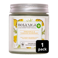 Candle jar with Botanica label featuring pineapple and Tunisian rosemary scents on a white background