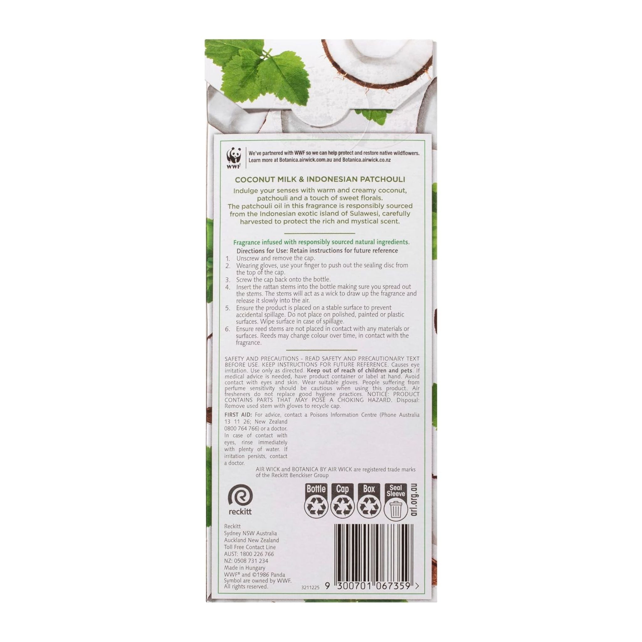 Back of a product packaging with text and images of coconut and leaves on a white background