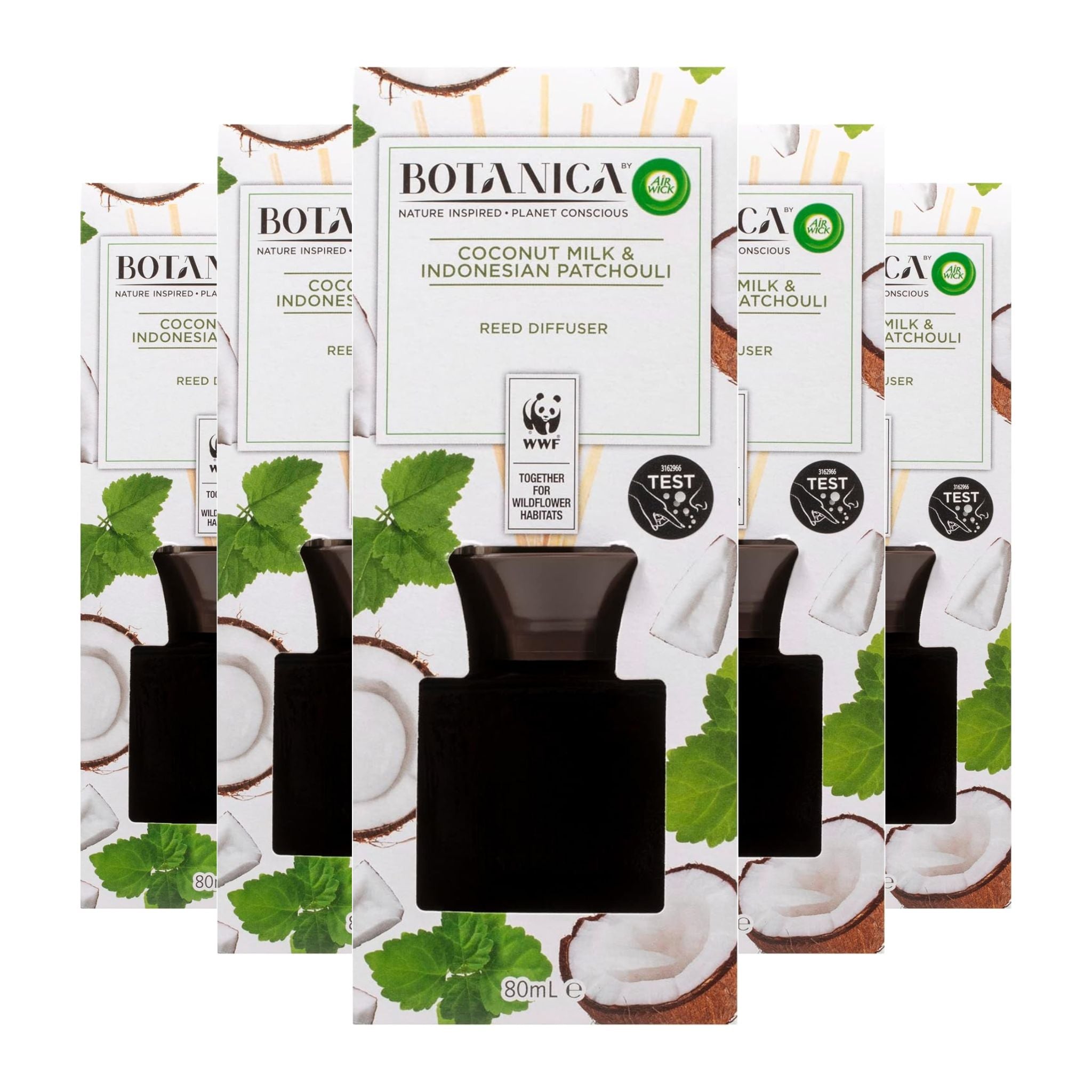 BOLANICA coconut milk and Indonesian patchouli diffuser packaging with coconut and leaf designs.