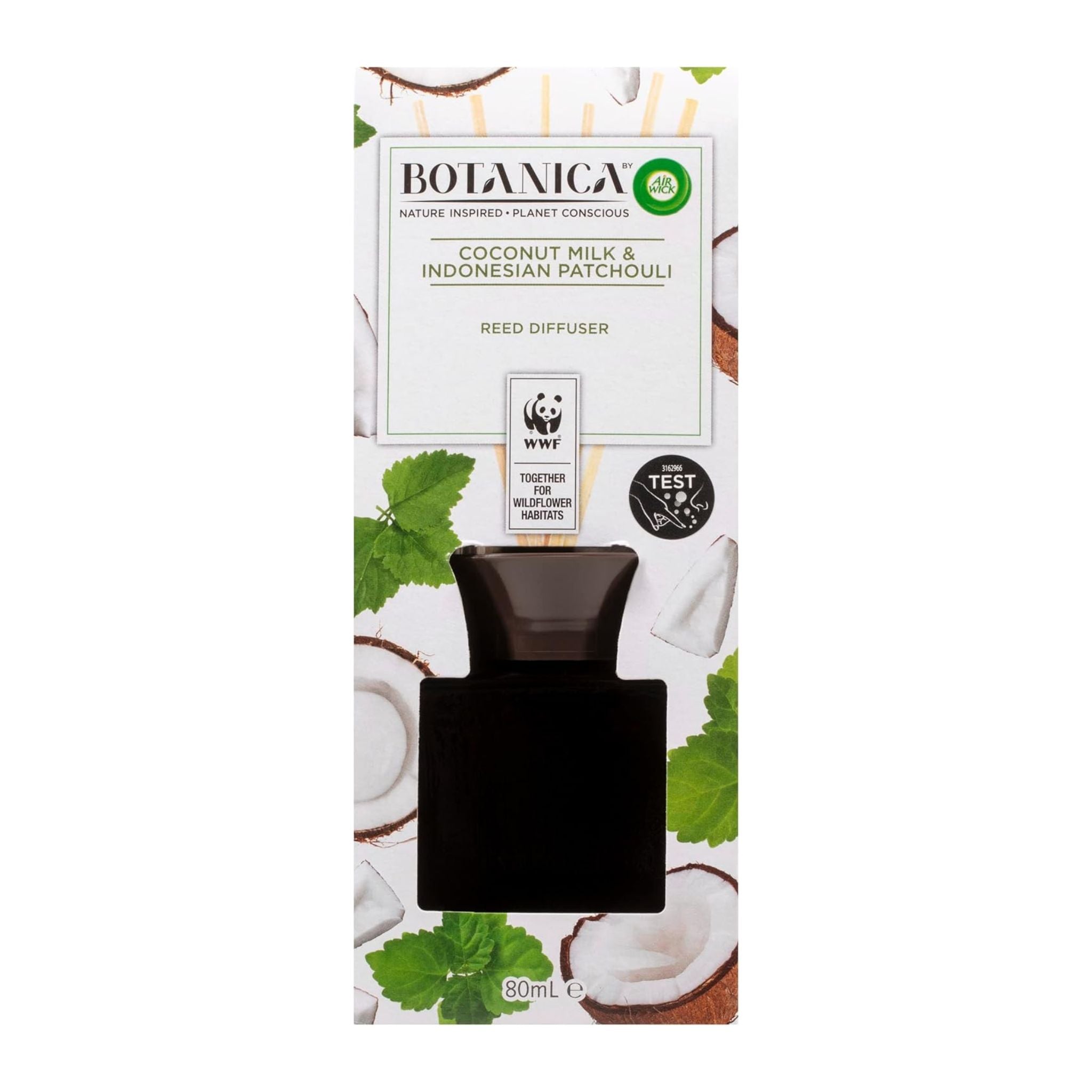 Botanica coconut milk and Indonesian patchouli Reed Diffuser packaging on a white background