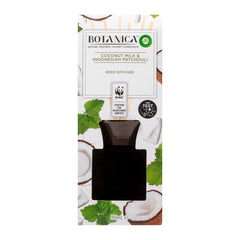 Botanica coconut milk and Indonesian patchouli Reed Diffuser packaging on a white background