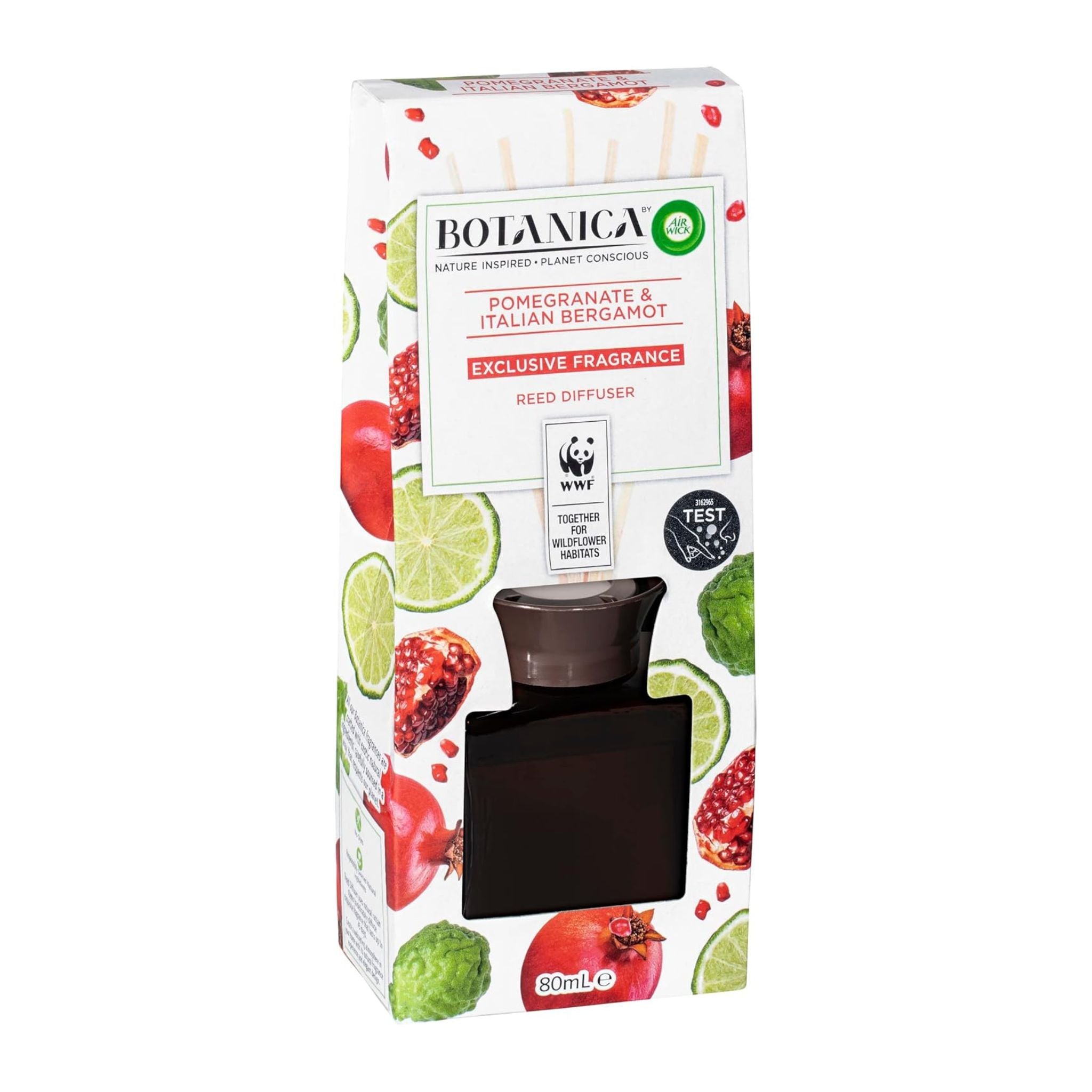 Botanica Pomegranate & Italian Bergamot Reed Diffuser packaging with fruit illustrations on a white background