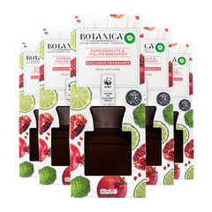 Botanica fragrance diffusers with pomegranate and bergamot packaging on a white background