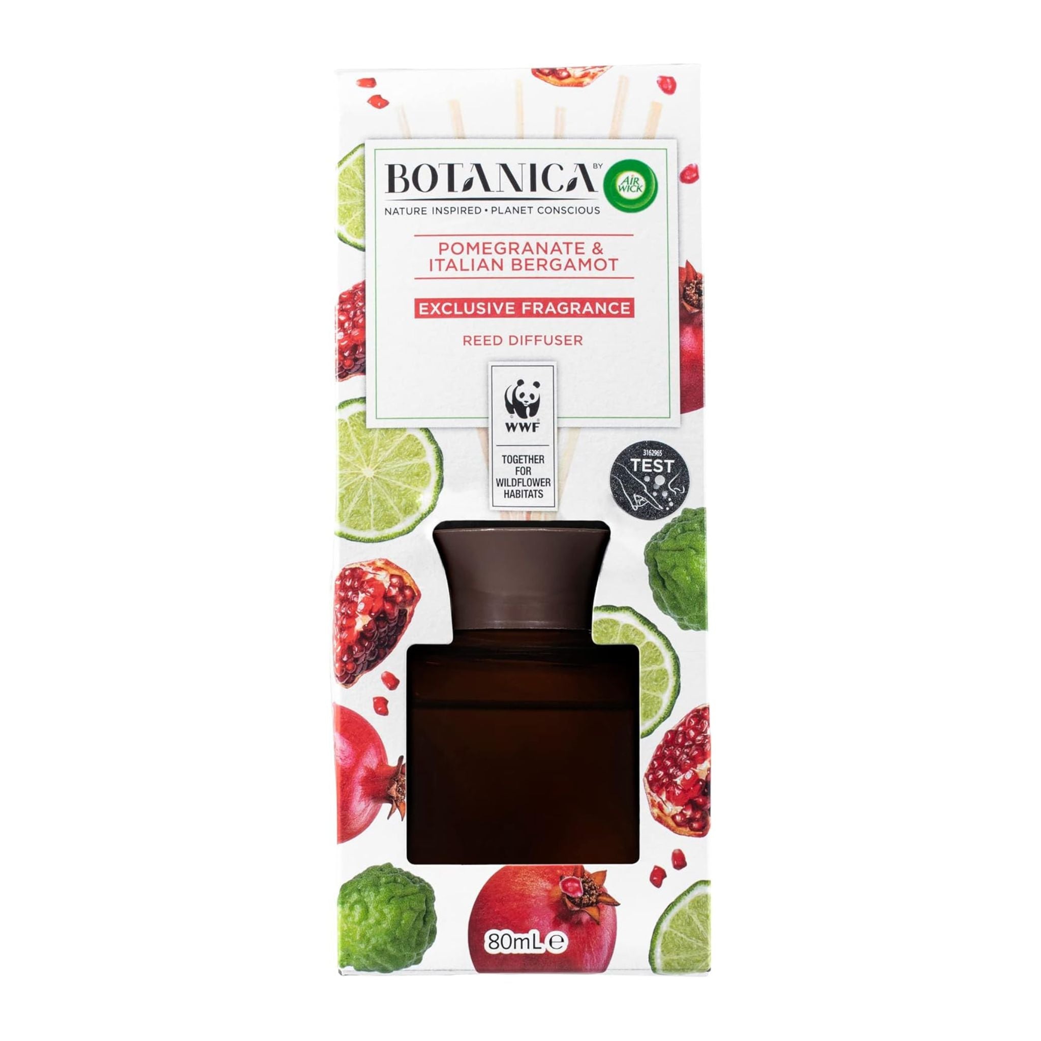 Botanica reed diffuser packaging with pomegranate and bergamot design on a white background