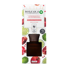 Botanica reed diffuser packaging with pomegranate and bergamot design on a white background