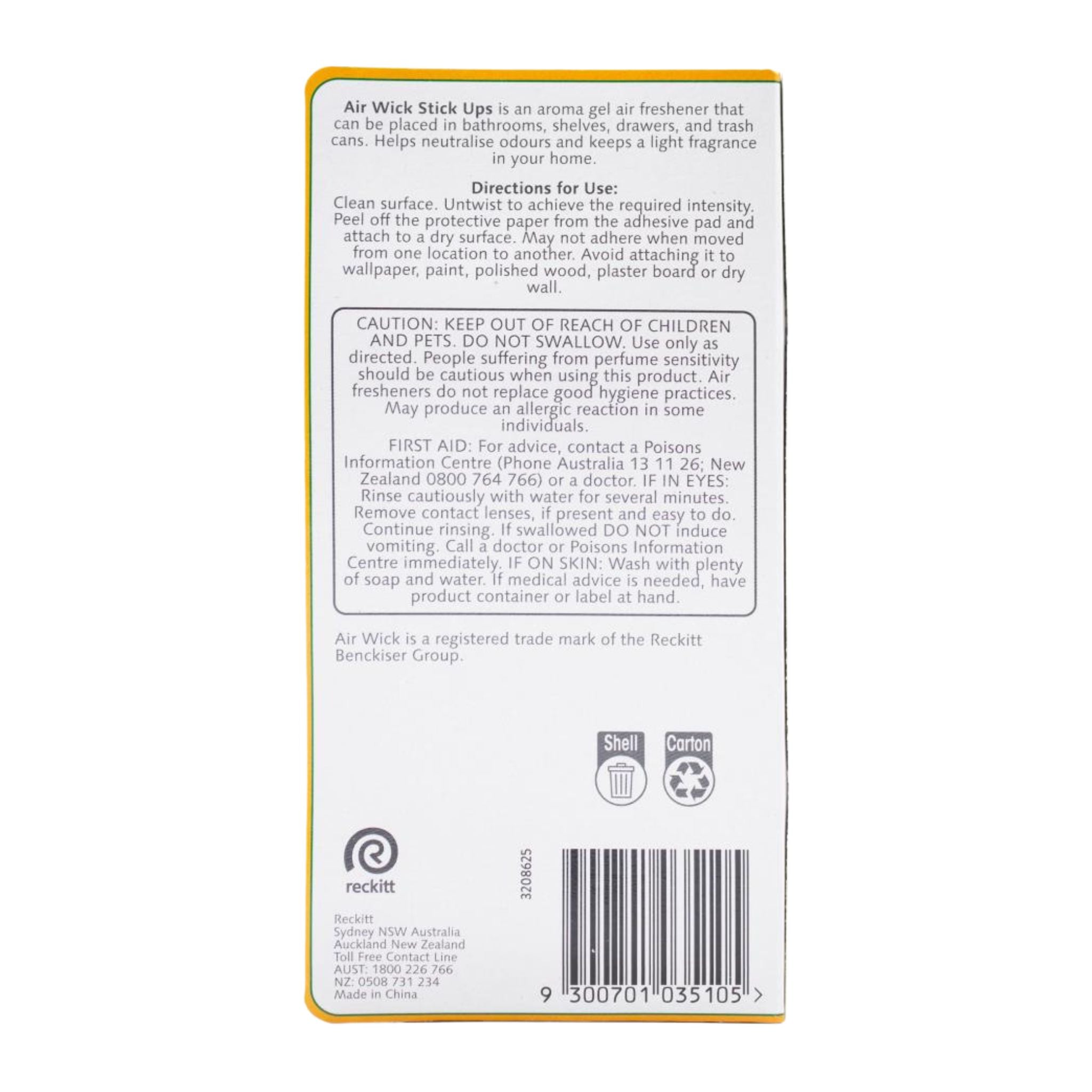 Back of an Air Wick Stick Up air freshener packaging with text and symbols.