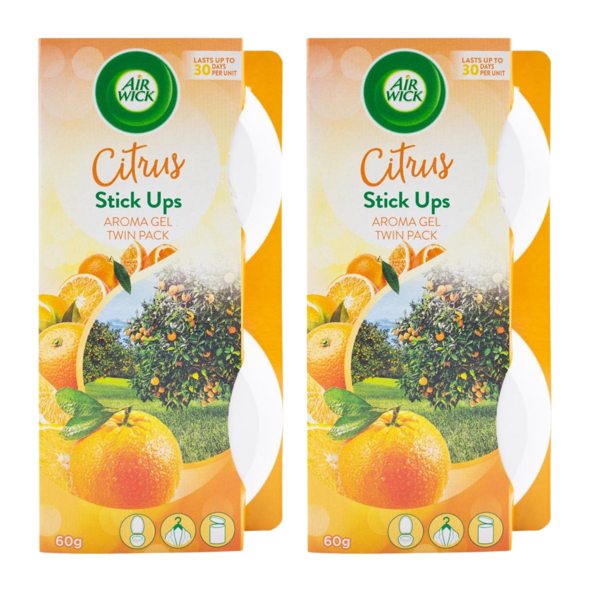 Two packages of Air Wick Citrus Stick Ups Aroma Gel on a white background