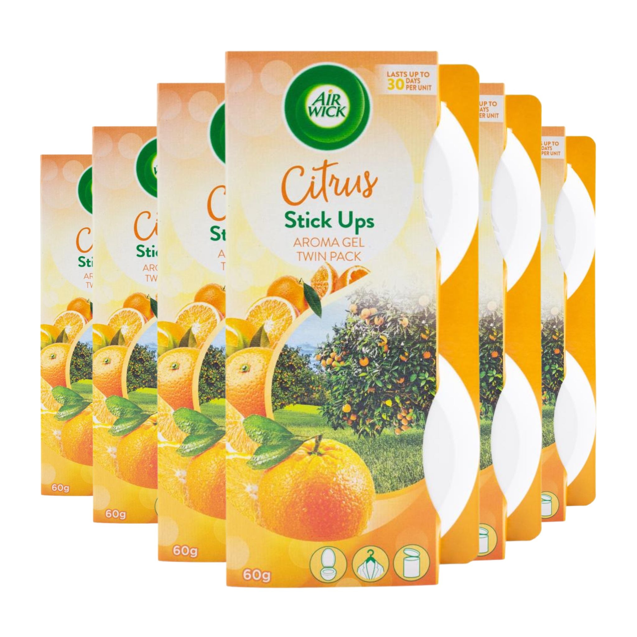 Multiple packages of Air Wick Citrus Stick Ups on a white background
