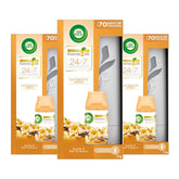 Three packages of Air Wick 24/7 Automatic Spray with Vanilla & Soft Cashmere scent on a white background.
