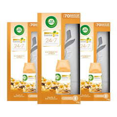 Three packages of Air Wick 24/7 Automatic Spray with Vanilla & Soft Cashmere scent on a white background.