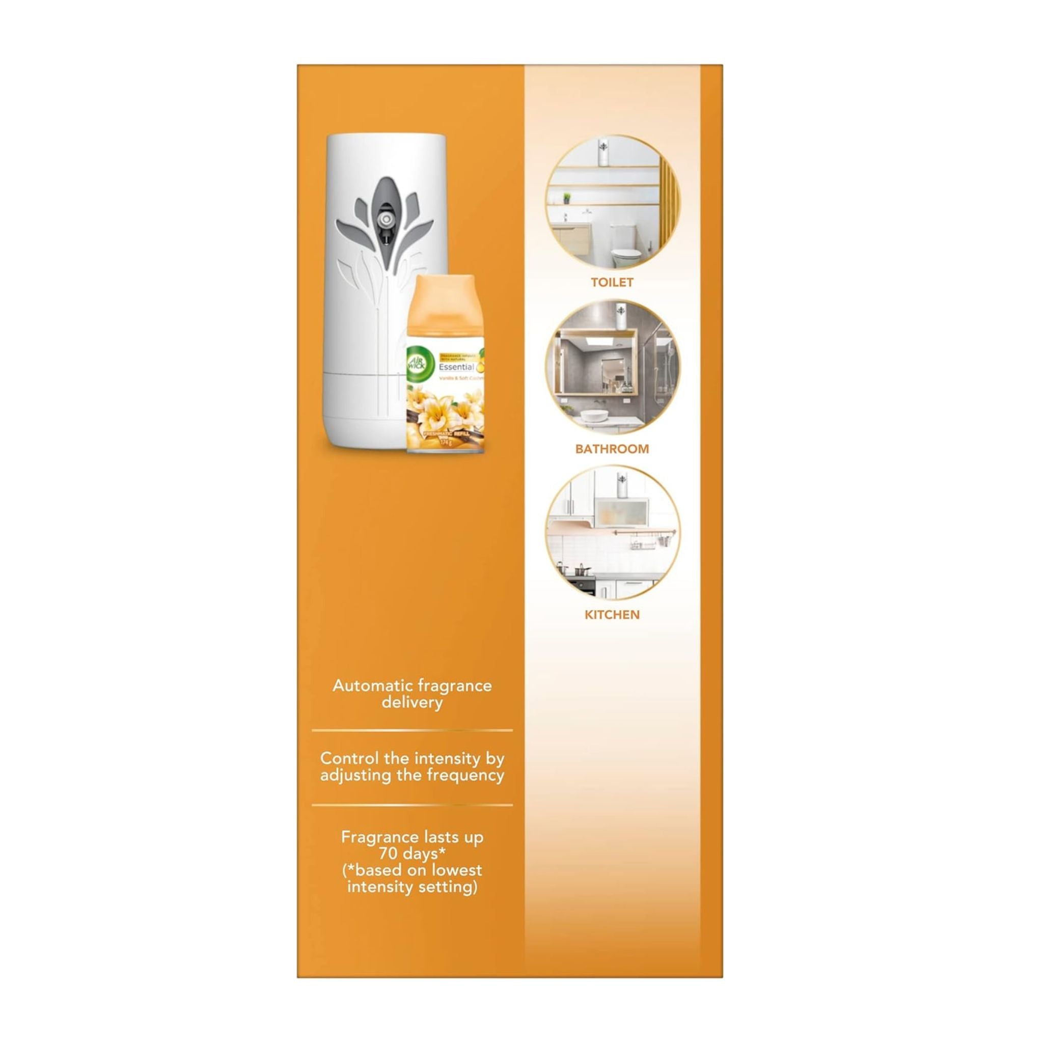 Product packaging with a dispenser and bottle on an orange background