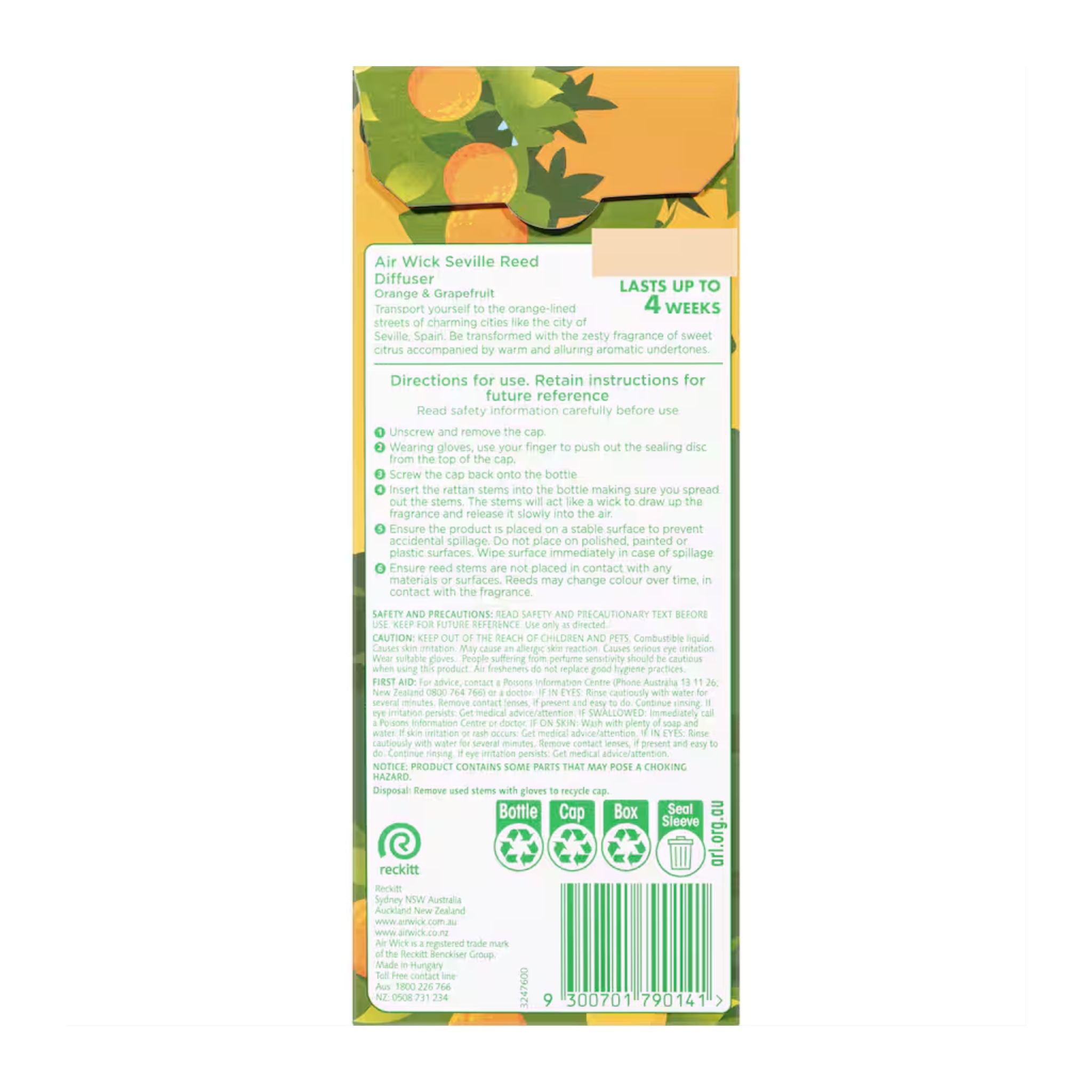 Back of an Air Wick diffuser packaging with product details and recycling information.
