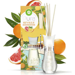Air Wick Pure Seville diffuser set with packaging, diffuser, and reeds on a white background