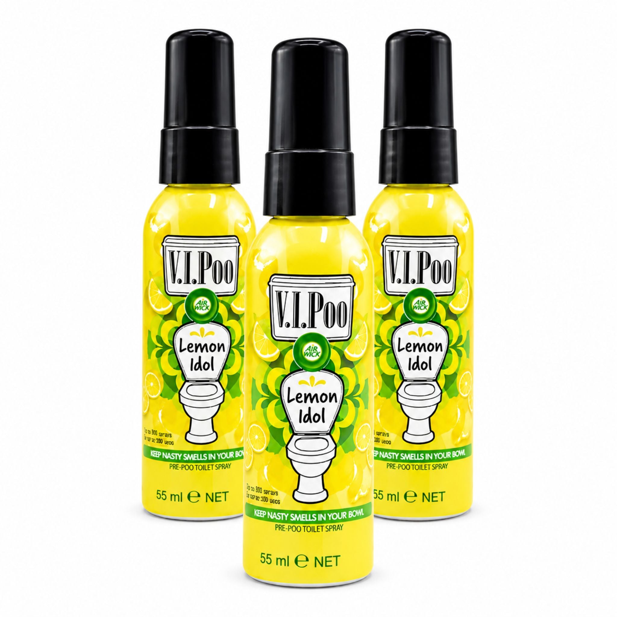 Three bottles of V.I.Poo Lemon Idol toilet spray on a white background