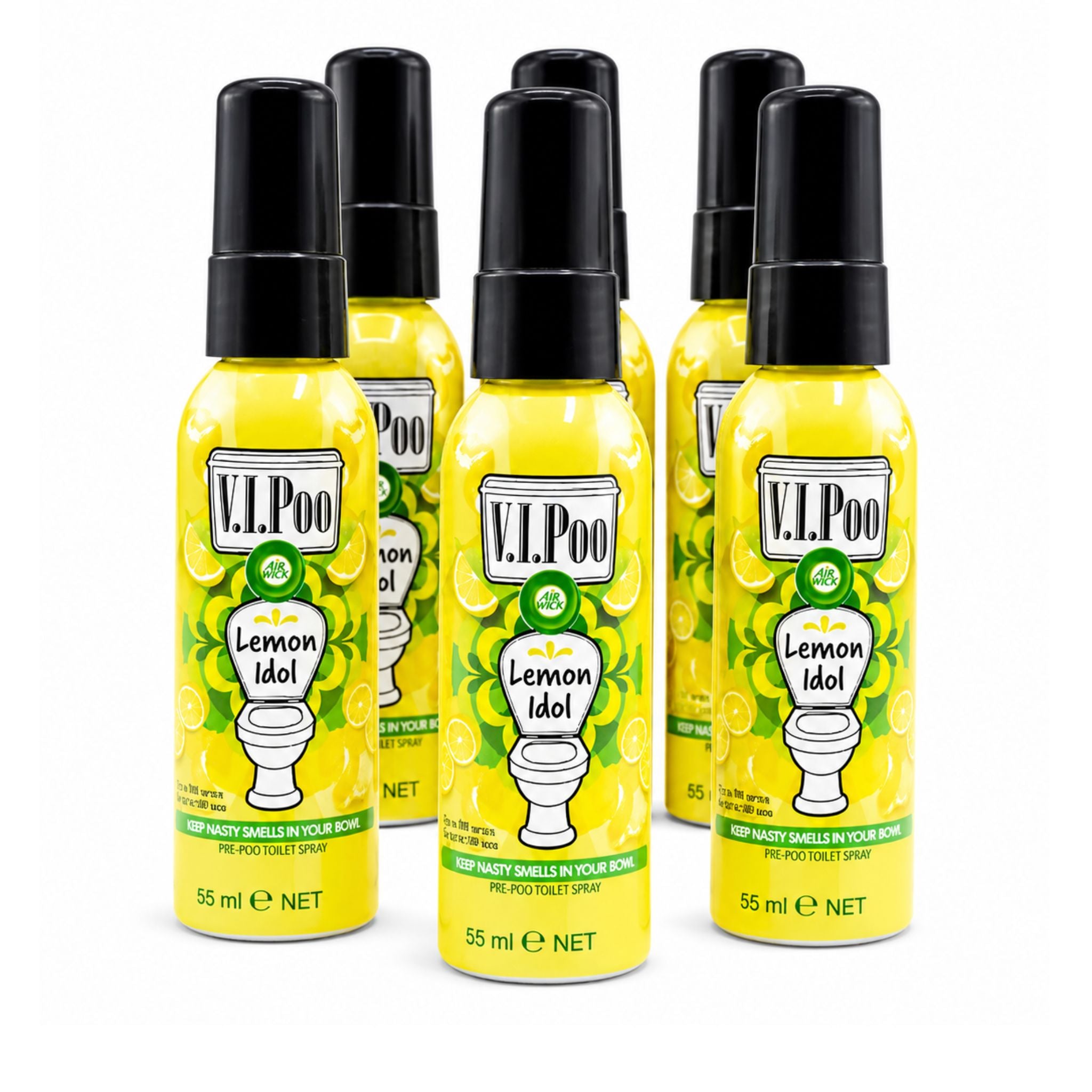 Three bottles of V.I.Poo Lemon Idol toilet spray on a white background 6 pack