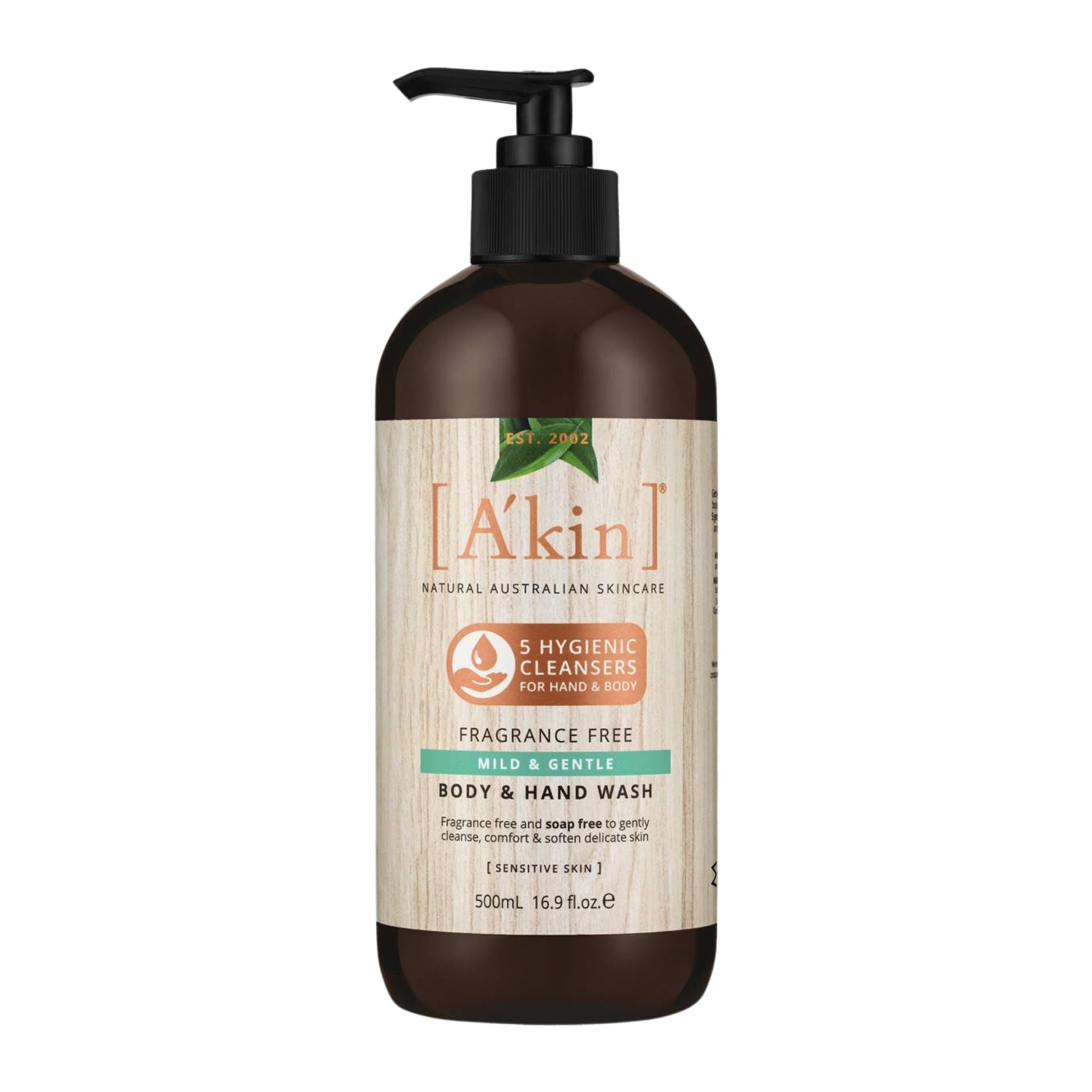 A'kin body and hand wash bottle on a white background