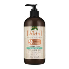 A'kin body and hand wash bottle on a white background