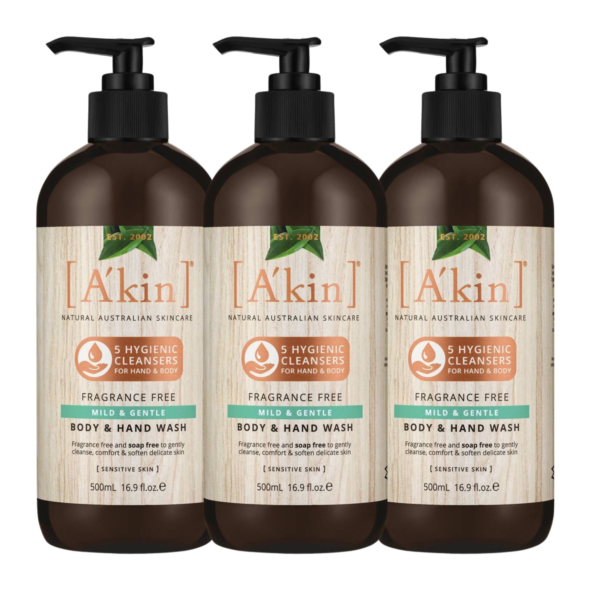 Three bottles of A'kin body and hand wash on a white background