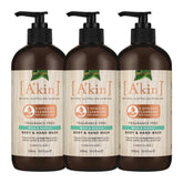 Three bottles of A'kin body and hand wash on a white background
