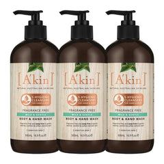 Three bottles of A'kin body and hand wash on a white background