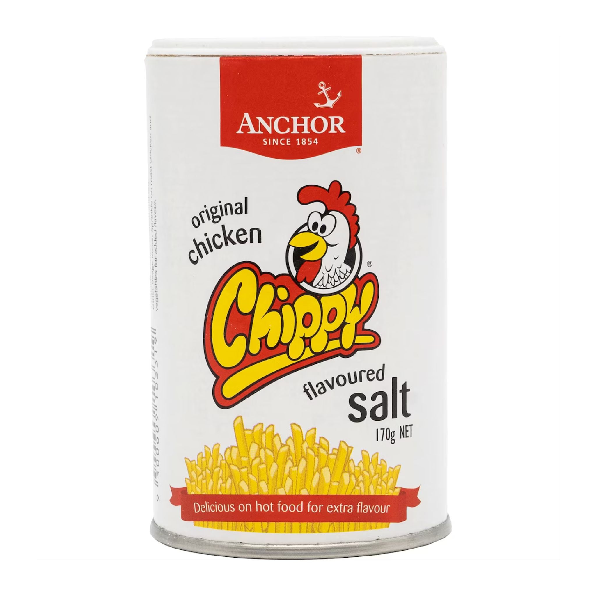 Can of Anchor Chippy's original chicken flavoured salt on a white background