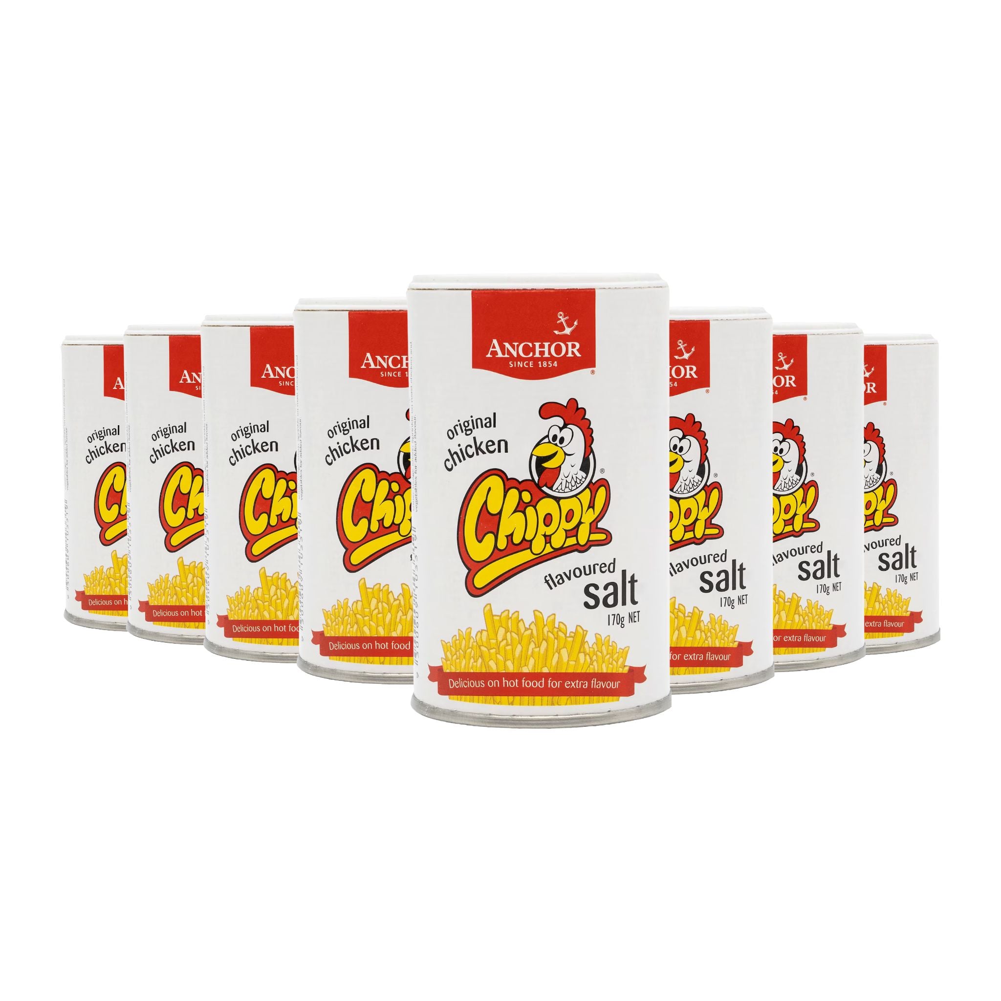 Multiple tins of Anchor Chappie Original Chicken Flavoured Salt on a white background
