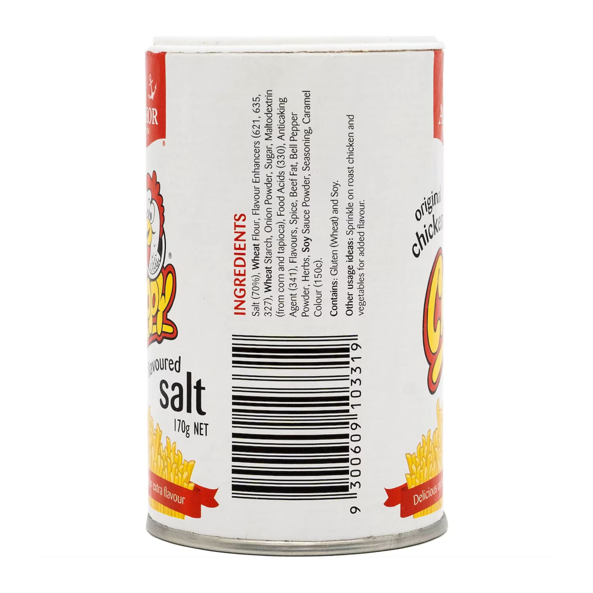 Can of seasoned salt with branding and ingredient list on a white background