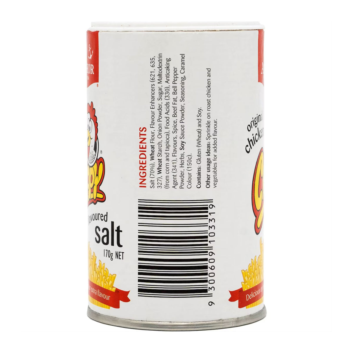 Can of seasoned salt with branding and ingredient list on a white background
