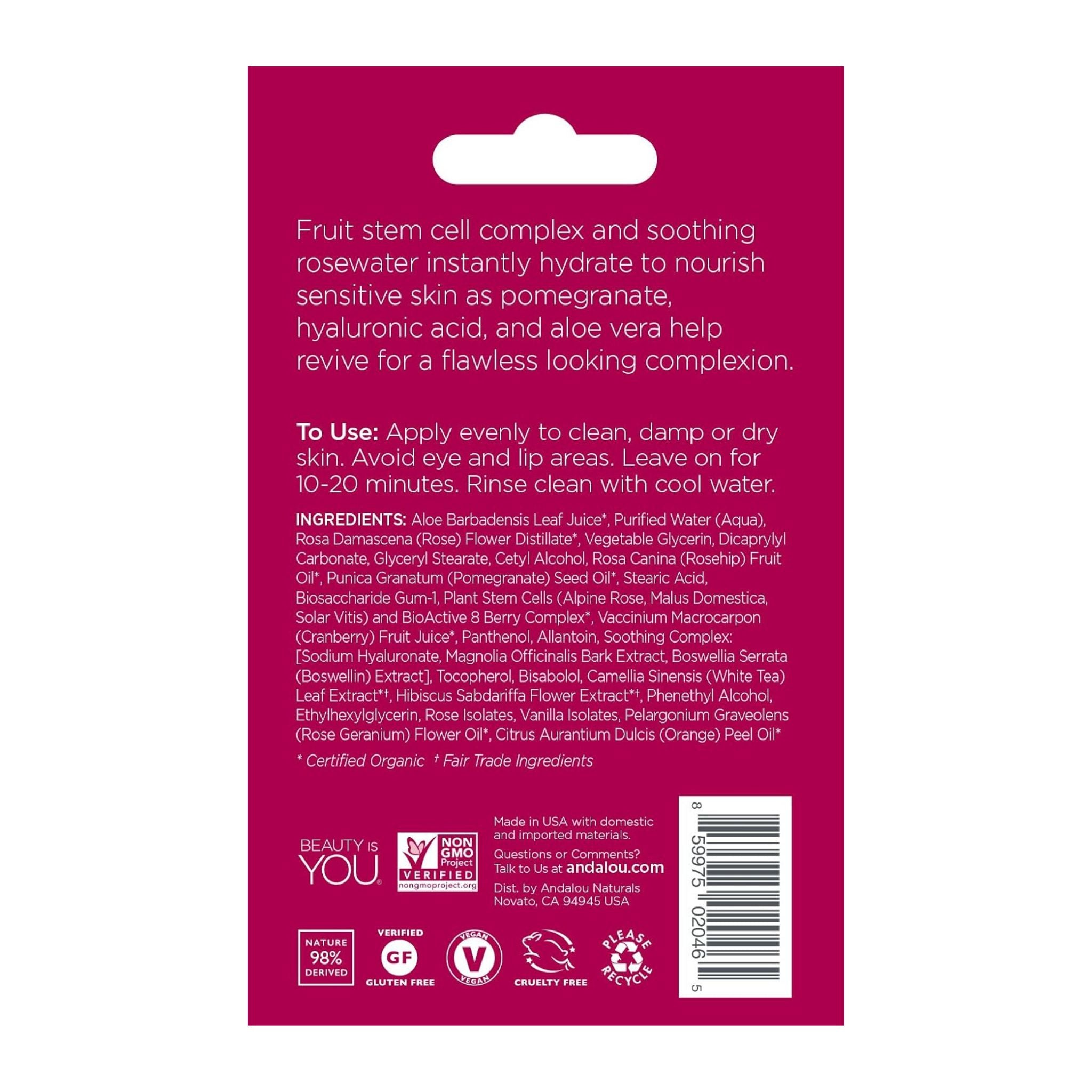 Back of a skincare product packaging with text and ingredients on a white background