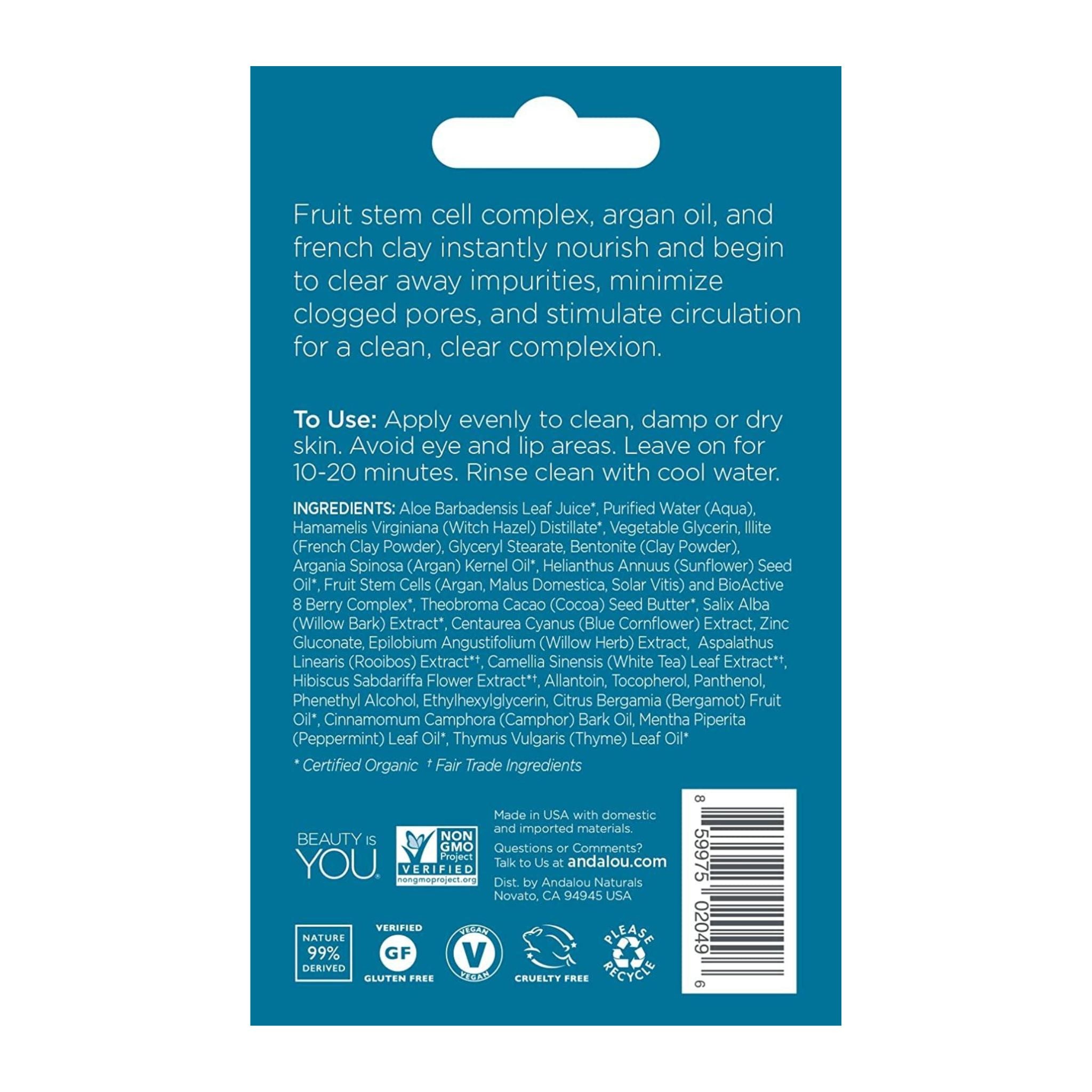 Back label of a skincare product with text and branding on a blue background