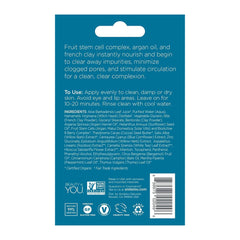 Back label of a skincare product with text and branding on a blue background