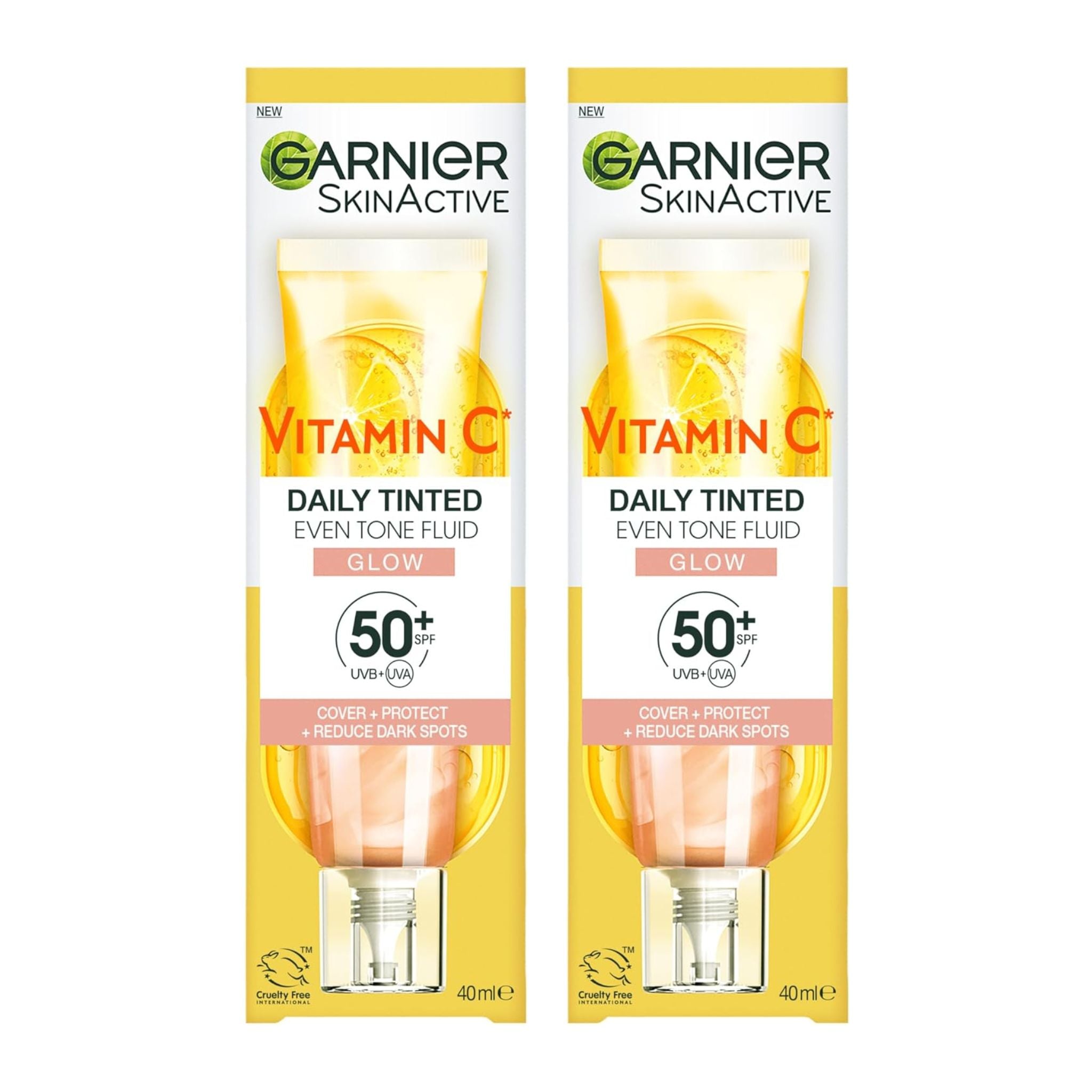 Two bottles of Garnier Vitamin C Daily Tinted Even Tone Fluid on a white background