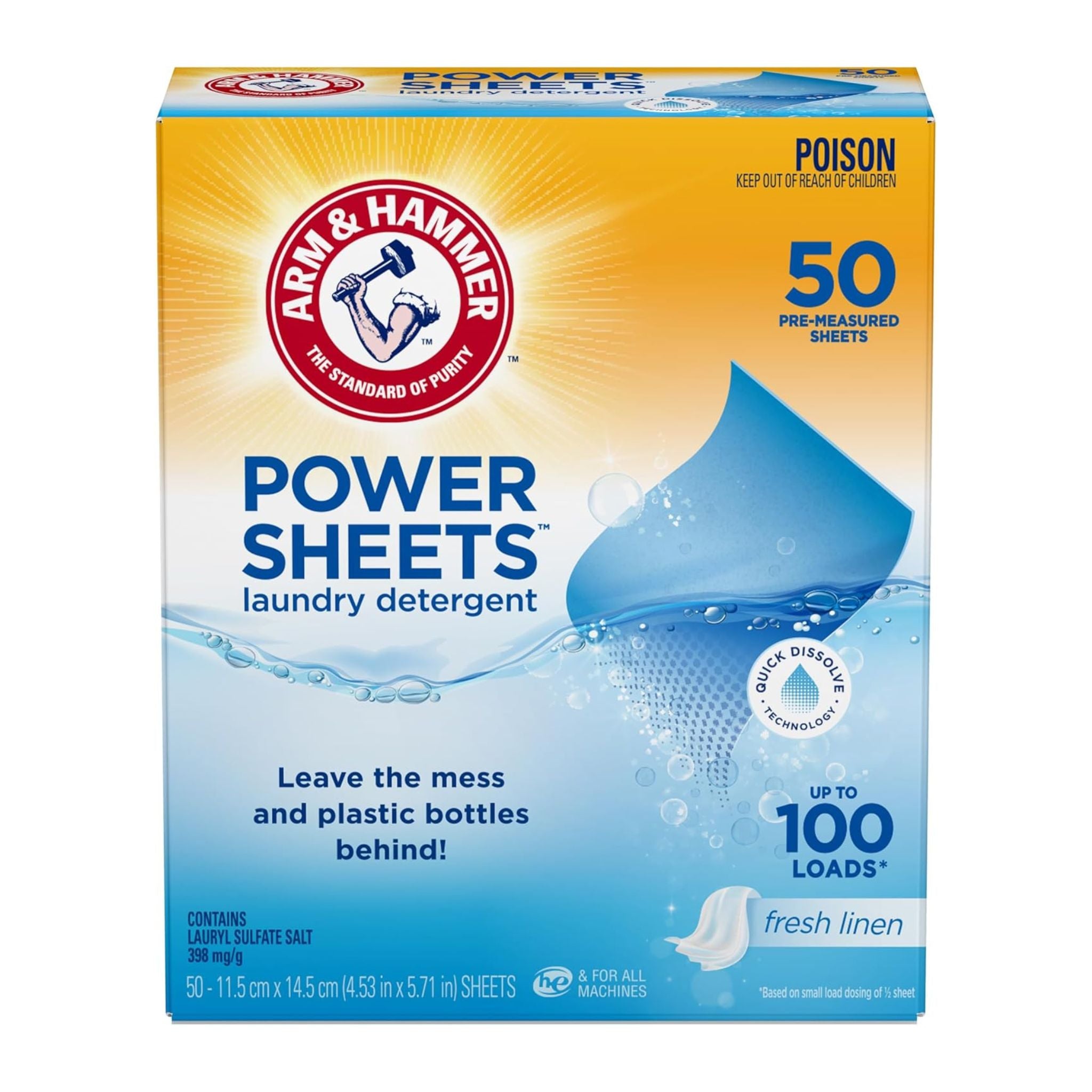 Box of Arm & Hammer Power Sheets laundry detergent with blue and yellow design.