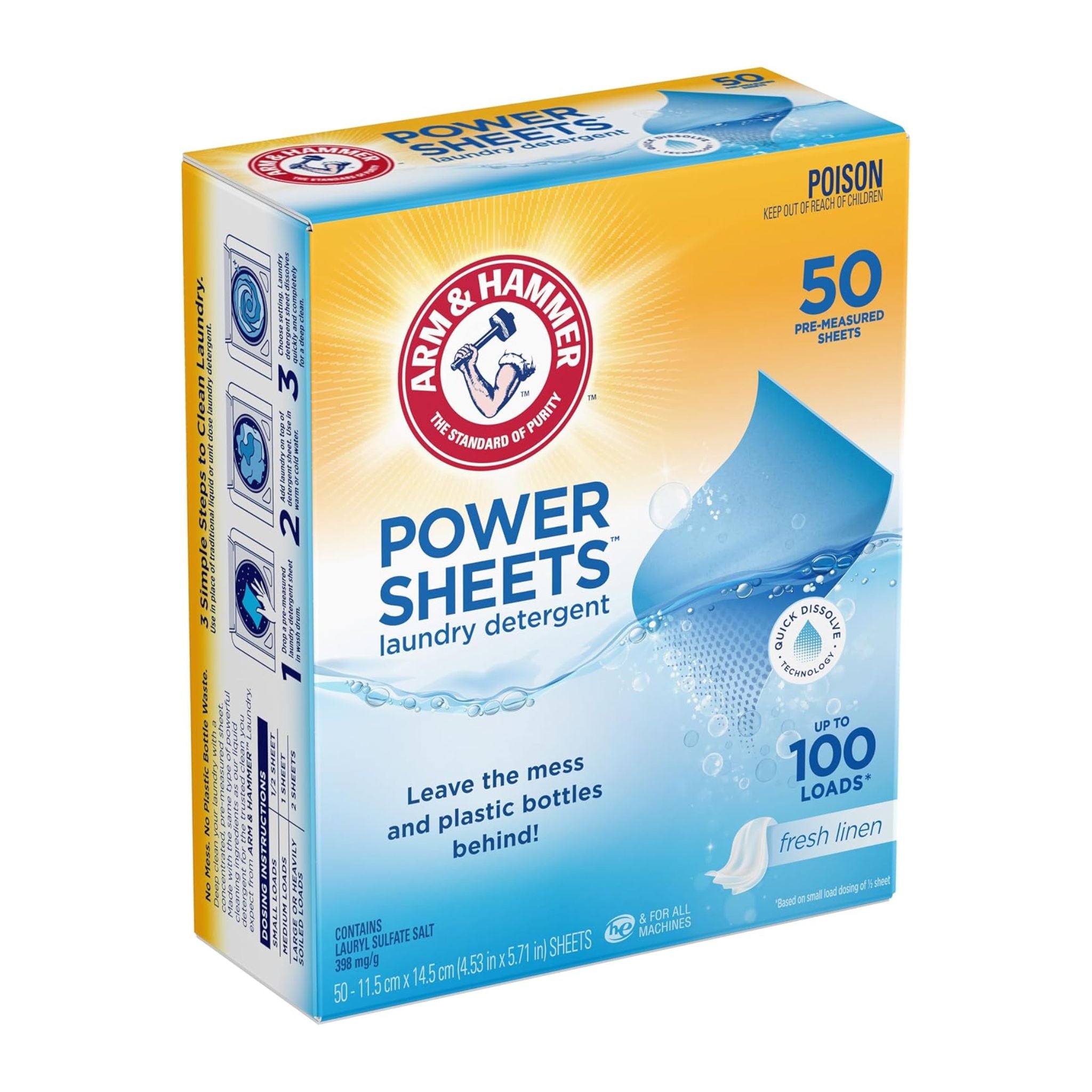 Box of Arm & Hammer Power Sheets laundry detergent on a white background