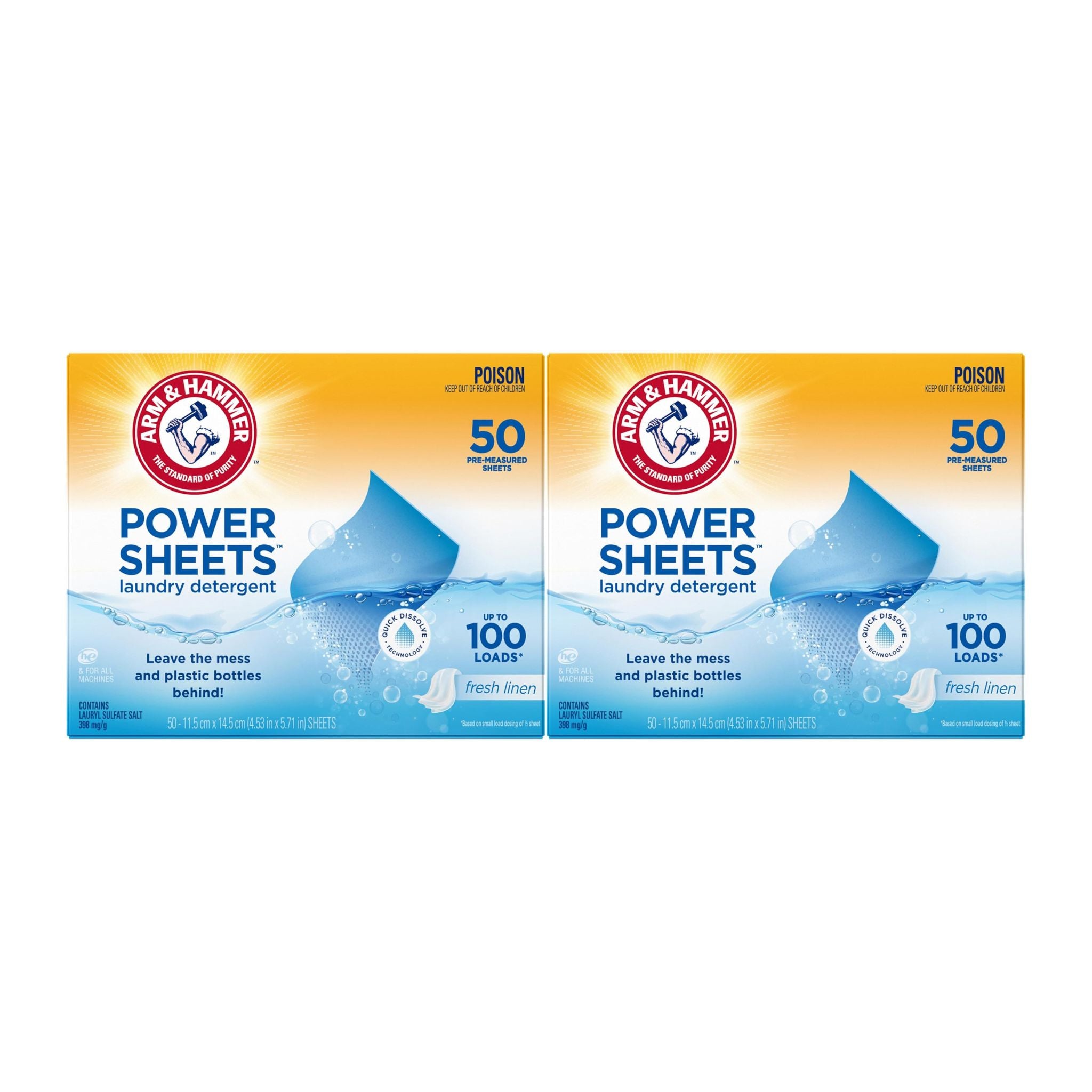 Two packages of Arm & Hammer Power Sheets laundry detergent on a white background