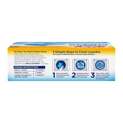 Box of ARM & HAMMER laundry detergent sheets with dosing instructions on a white background